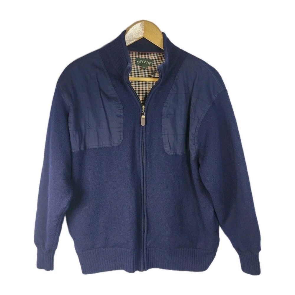 ORVIS Mens 100% Wool Full Zip Bomber Jacket Size LARGE Hunting Navy Blue